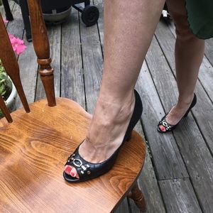 Anne Klein Shoes Heels Quilted Silver Hardware Vintage Black Womens Size 9M